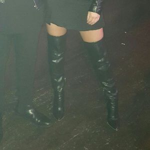 Guess black leather thigh high heel boots